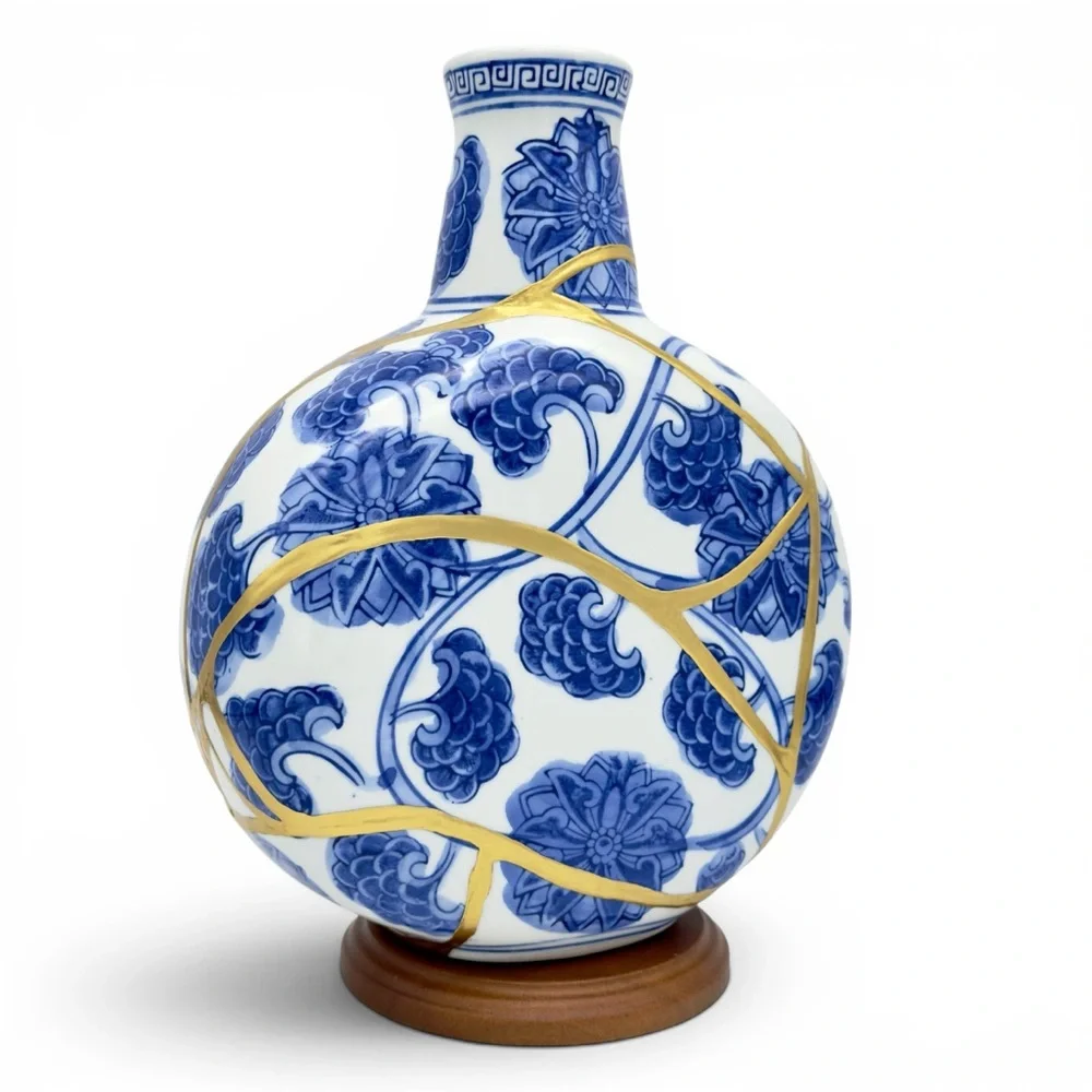 Kintsugi Vase Chinese Porcelain Moon Flask Gold Crack Art Personal Growth Gift - Picture 12 of 14